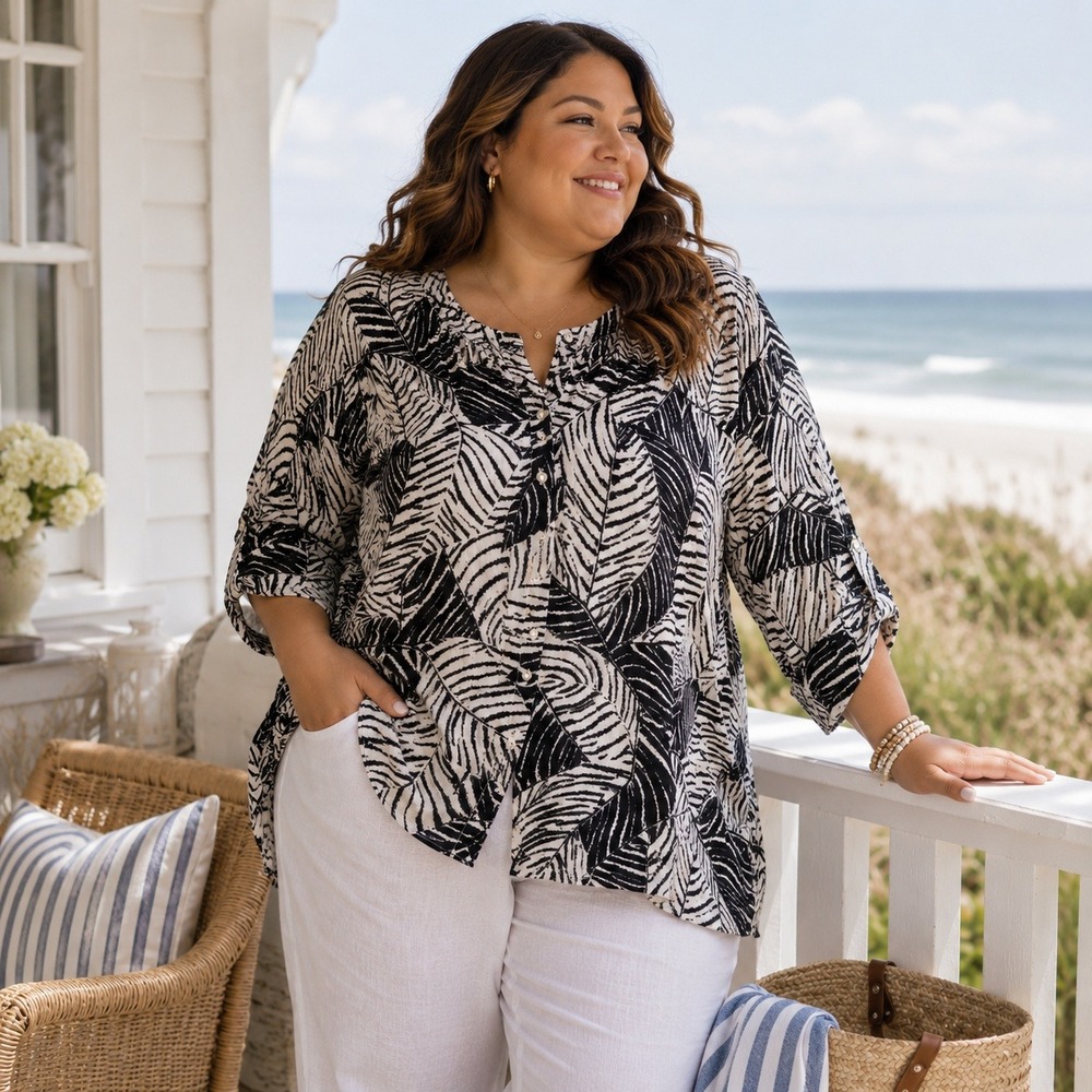 Cynthia Rowley Linen Leaf Print Button Front Tunic Top Plus Size 1X Boho Flowy